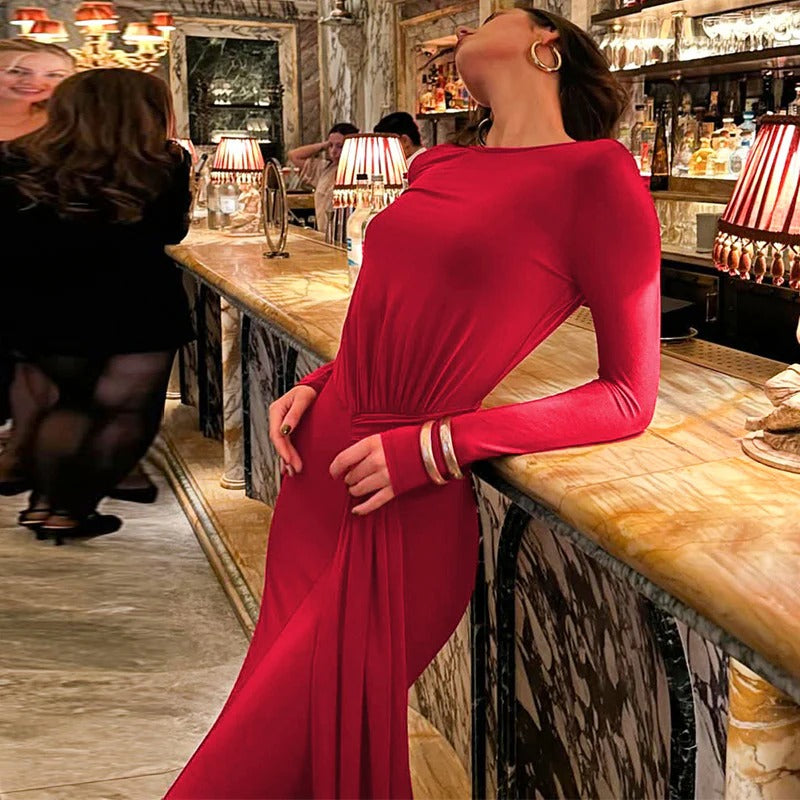The “Valentina” Ruched Maxi Dress — Crimson Elegance Edition